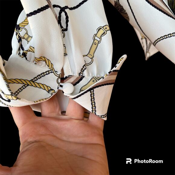 Ann Taylor Tassel Print Shirred Neck Button Front Blouse Womens XL Cream Black - Picture 7 of 10